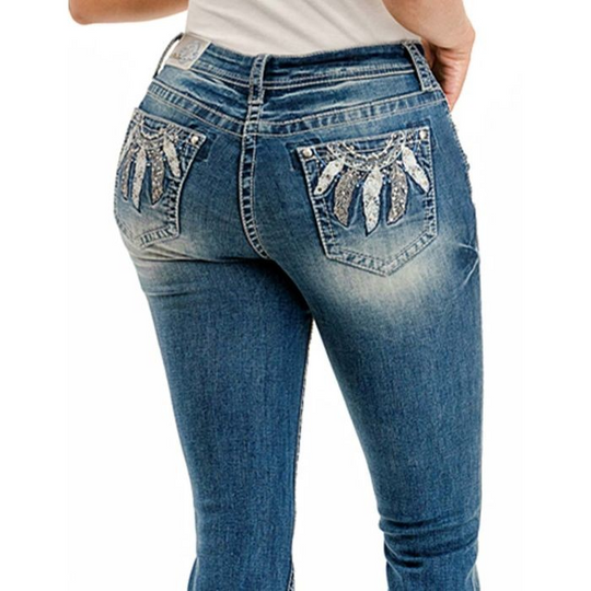 Grace in LA Women Feather Embroidered Bootcut Jeans